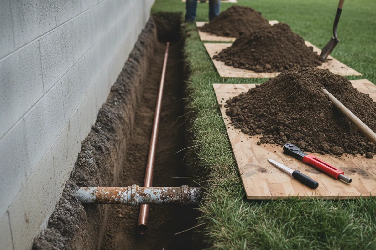 Excavated water line trench during Water Softener Installation in Una